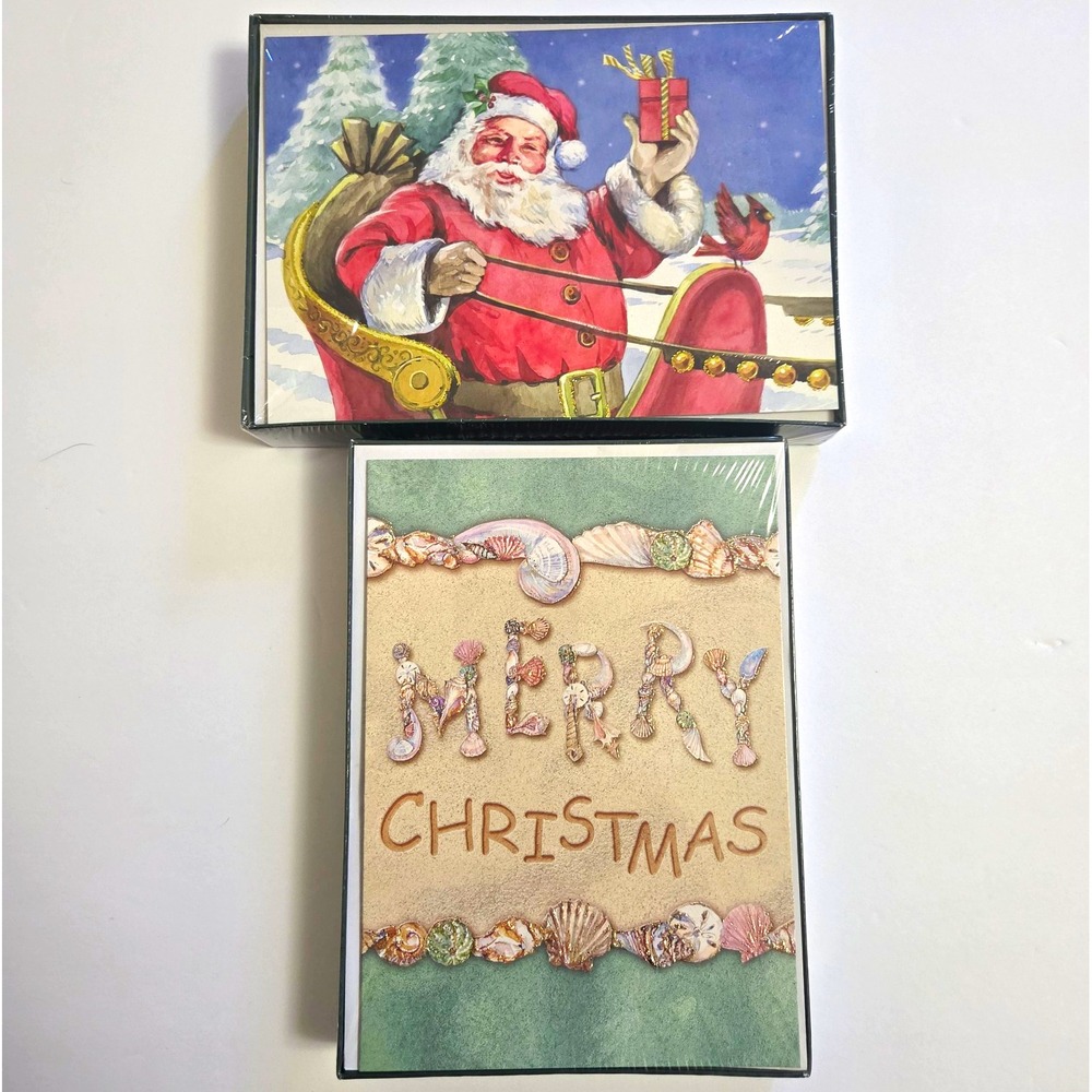 NEW Christmas Holiday Greeting Cards Santa Beach Sleigh Shells Gift w Envelopes